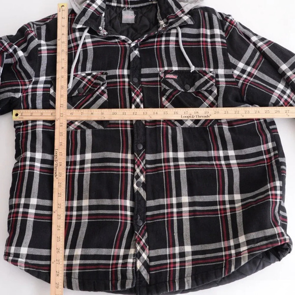 Dickies Black Red Checker Button Up Removable Hood Quilt Stitch Lined Shacket XL - Picture 3 of 15